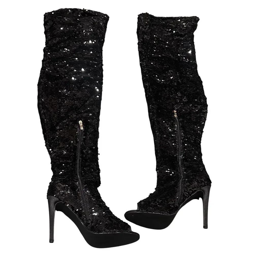 CAMSSOO Women's Sparkle Sequins Over The Knee Boots Sexy High Heels Open Toe 9.5